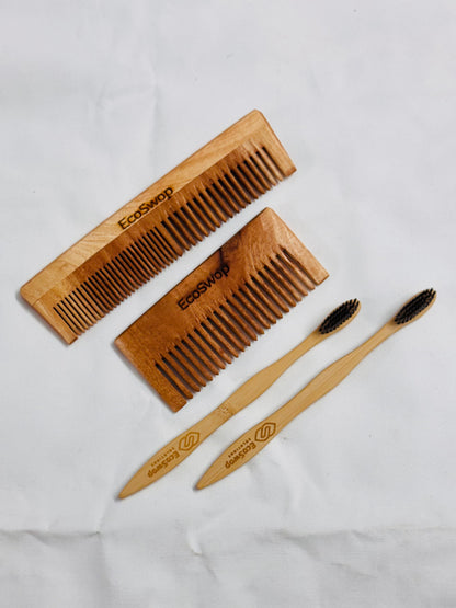 2 Neemwood Comb + 2 Bamboo Brush Combo Set