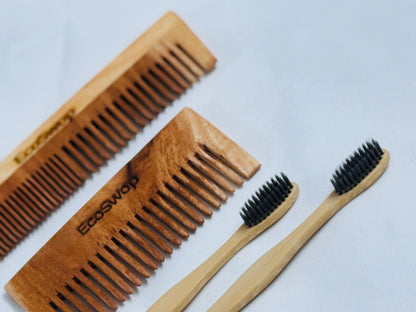 2 Neemwood Comb + 2 Bamboo Brush Combo Set