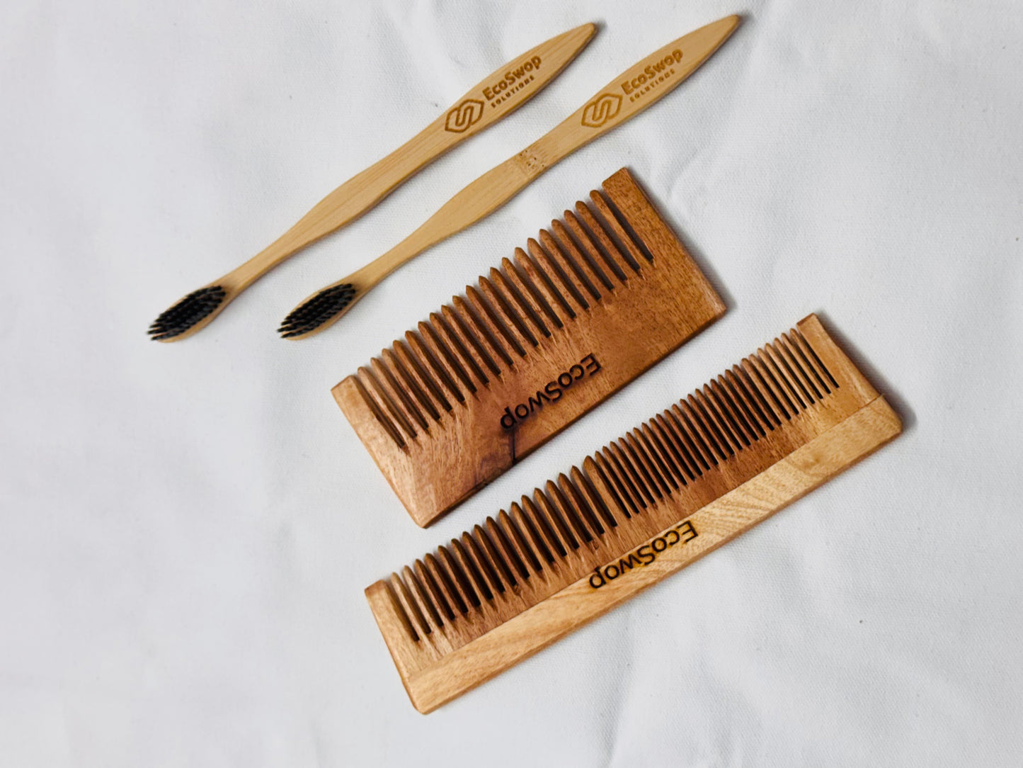 2 Neemwood Comb + 2 Bamboo Brush Combo Set