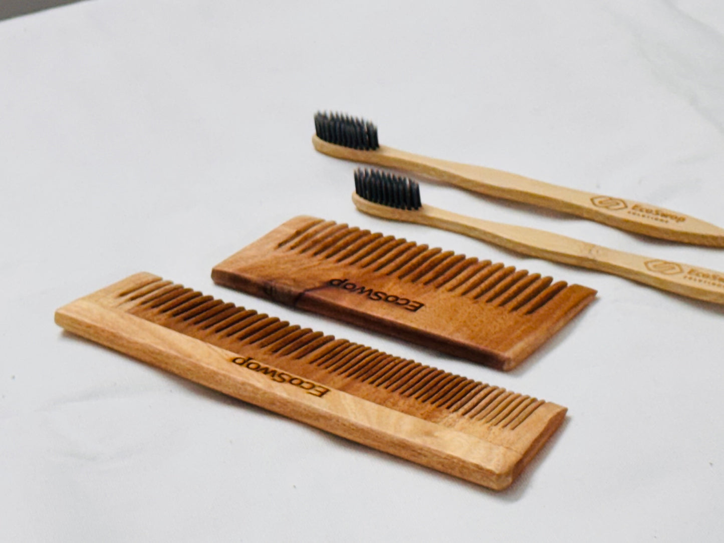 2 Neemwood Comb + 2 Bamboo Brush Combo Set